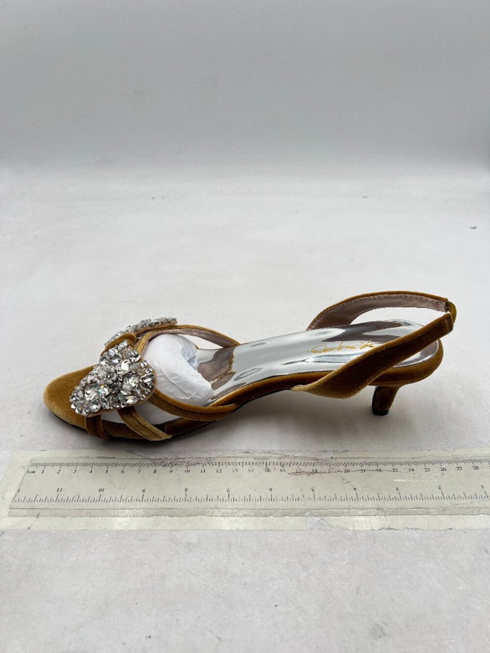 XYD Olive Velvet Rhinestones Bowknot Low Heel Singback Sandals Dressy Shoes